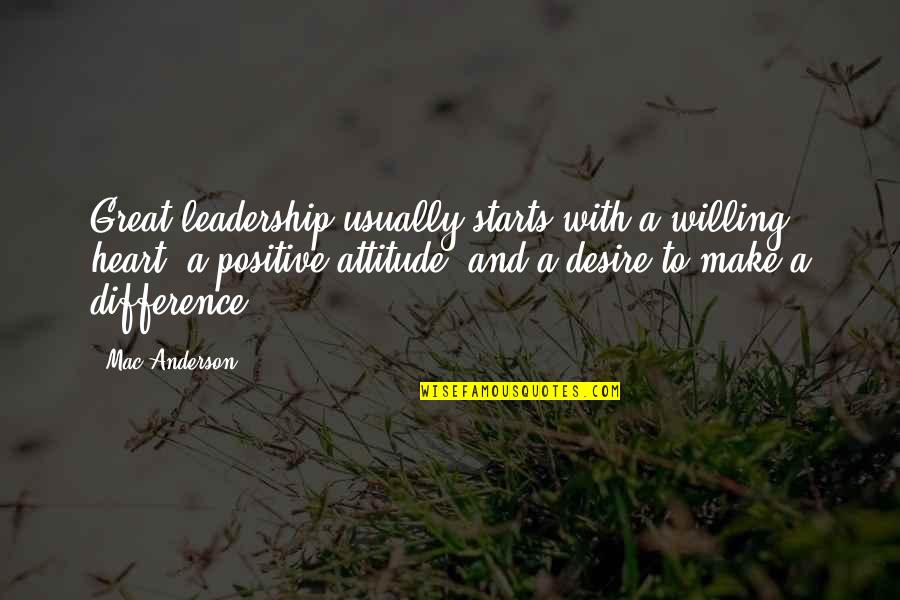 Attitude And Leadership Quotes By Mac Anderson: Great leadership usually starts with a willing heart, Attitude And Leadership Quotes By Mac Anderson: Great leadership usually starts with a willing heart,