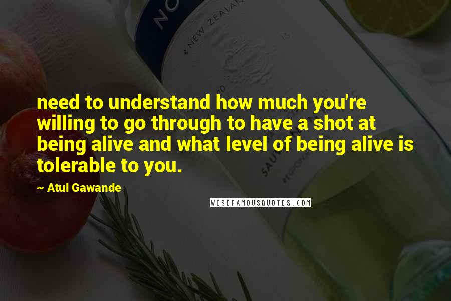 Atul Gawande quotes: need to understand how much you're willing to go through to have a shot at being alive and what level of being alive is tolerable to you. Atul Gawande quotes: need to understand how much you're willing to go through to have a shot at being alive and what level of being alive is tolerable to you.