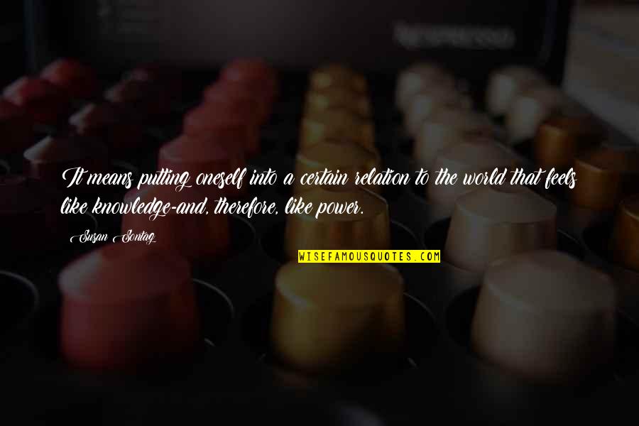 Audierne Quotes By Susan Sontag: It means putting oneself into a certain relation Audierne Quotes By Susan Sontag: It means putting oneself into a certain relation