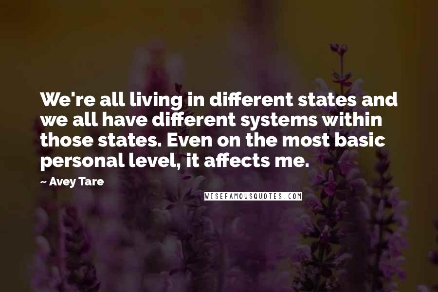 Avey Tare quotes: We're all living in different states and we all have different systems within those states. Even on the most basic personal level, it affects me. Avey Tare quotes: We're all living in different states and we all have different systems within those states. Even on the most basic personal level, it affects me.
