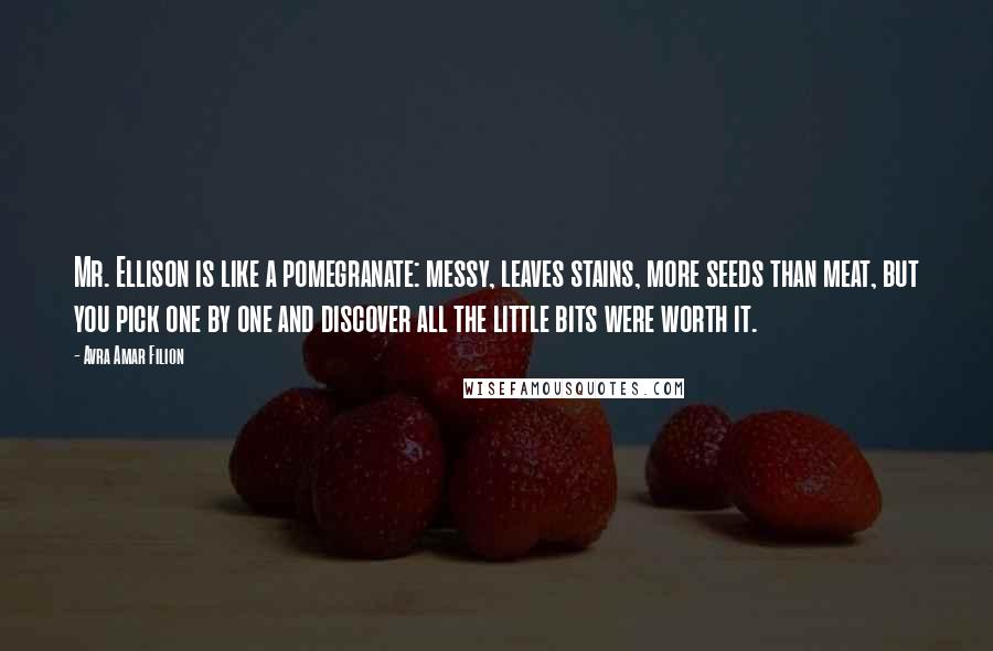 Avra Amar Filion quotes: Mr. Ellison is like a pomegranate: messy, leaves stains, more seeds than meat, but you pick one by one and discover all the little bits were worth it.