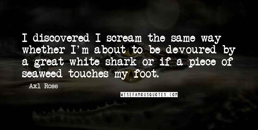 Axl Rose quotes: I discovered I scream the same way whether I'm about to be devoured by a great white shark or if a piece of seaweed touches my foot.