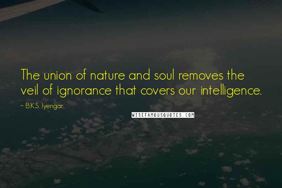 B.K.S. Iyengar quotes: The union of nature and soul removes the veil of ignorance that covers our intelligence.
