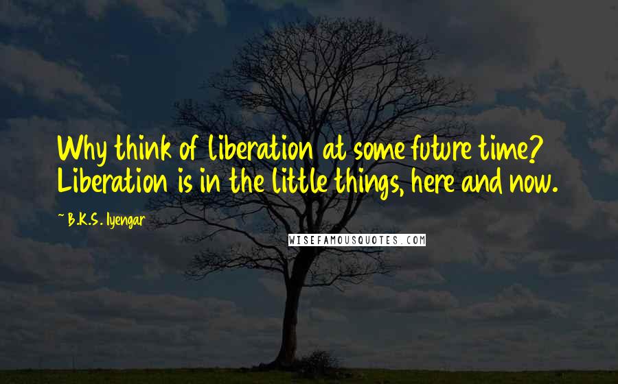 B.K.S. Iyengar quotes: Why think of liberation at some future time? Liberation is in the little things, here and now.