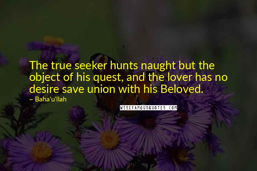 Baha'u'llah quotes: The true seeker hunts naught but the object of his quest, and the lover has no desire save union with his Beloved.