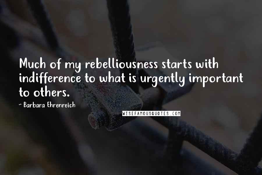 Barbara Ehrenreich quotes: Much of my rebelliousness starts with indifference to what is urgently important to others. Barbara Ehrenreich quotes: Much of my rebelliousness starts with indifference to what is urgently important to others.