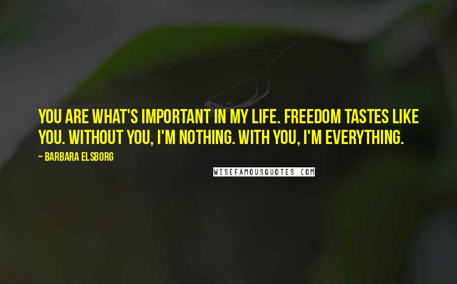 Barbara Elsborg quotes: You are what's important in my life. Freedom tastes like you. Without you, I'm nothing. With you, I'm everything.