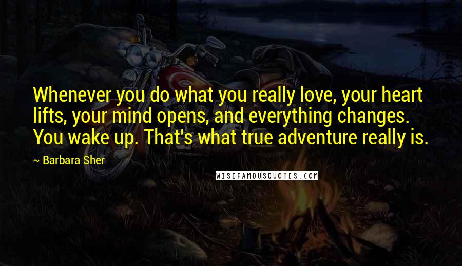 Barbara Sher quotes: Whenever you do what you really love, your heart lifts, your mind opens, and everything changes. You wake up. That's what true adventure really is.