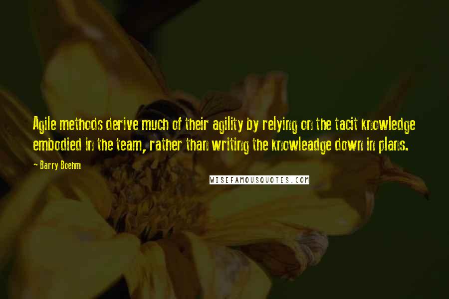 Barry Boehm quotes: Agile methods derive much of their agility by relying on the tacit knowledge embodied in the team, rather than writing the knowleadge down in plans.