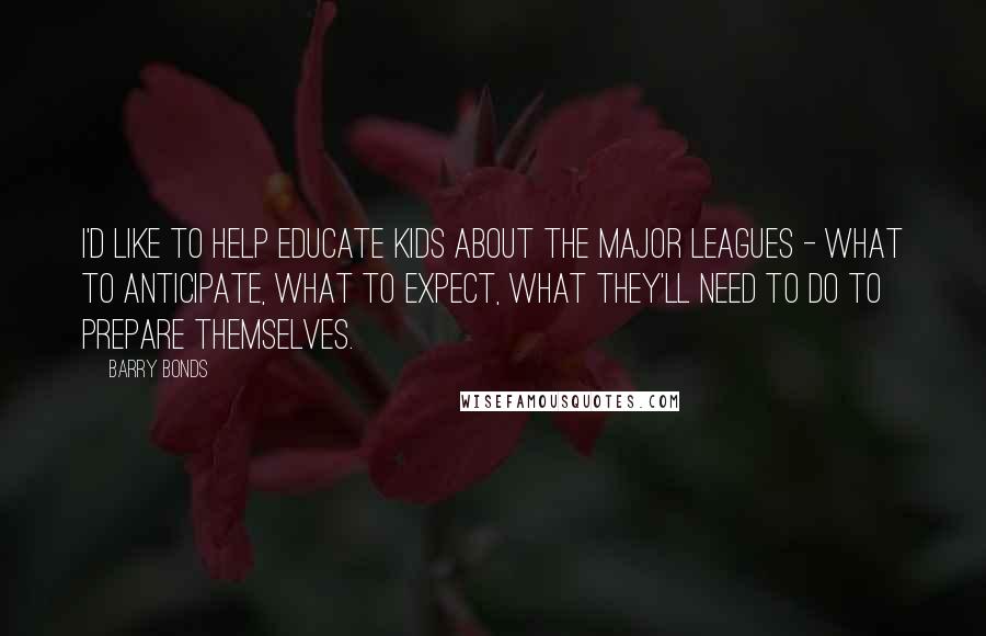 Barry Bonds quotes: I'd like to help educate kids about the Major Leagues - what to anticipate, what to expect, what they'll need to do to prepare themselves.