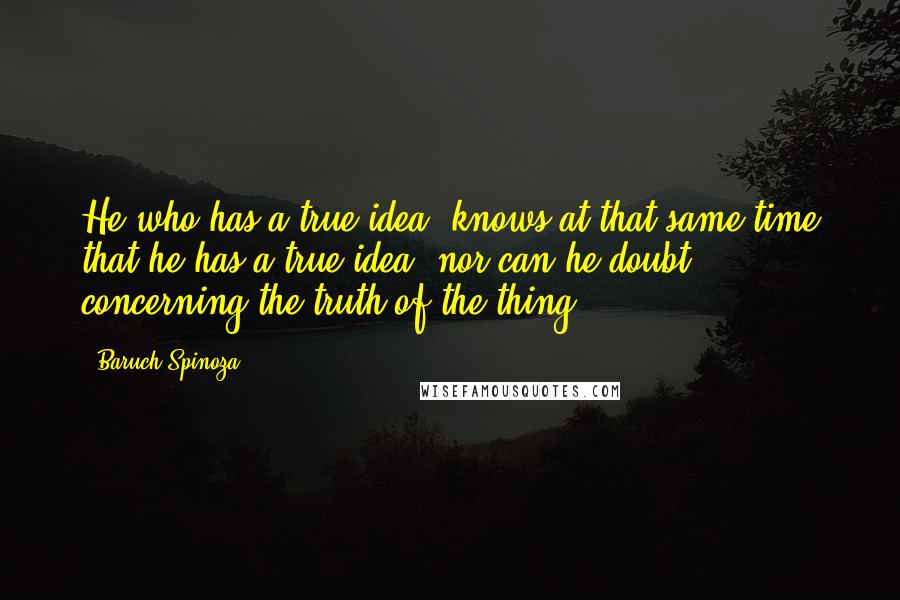Baruch Spinoza quotes: He who has a true idea, knows at that same time that he has a true idea, nor can he doubt concerning the truth of the thing.