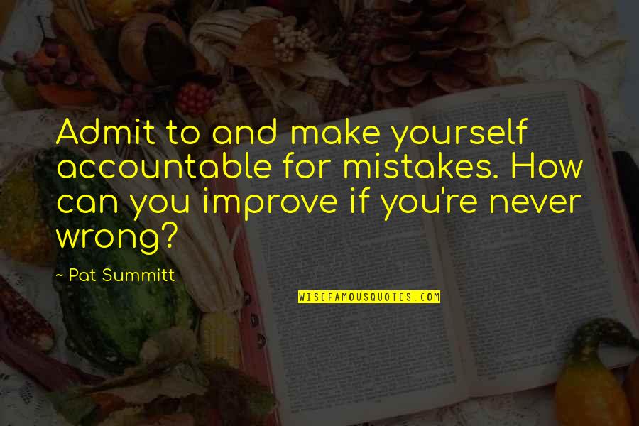 Be Accountable To Yourself Quotes By Pat Summitt: Admit to and make yourself accountable for mistakes. Be Accountable To Yourself Quotes By Pat Summitt: Admit to and make yourself accountable for mistakes.