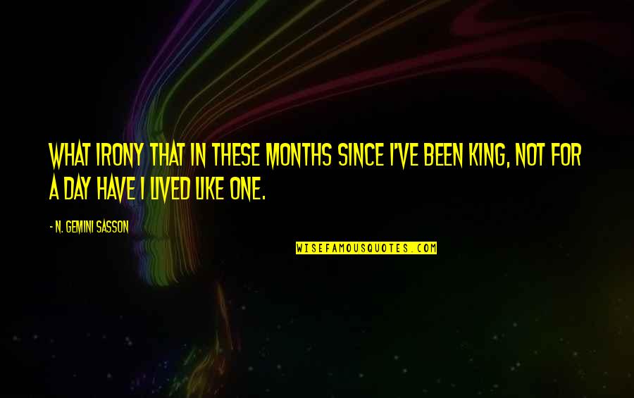 Be Like A King Quotes By N. Gemini Sasson: What irony that in these months since I've