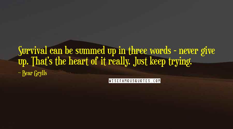 Bear Grylls quotes: Survival can be summed up in three words - never give up. That's the heart of it really. Just keep trying.