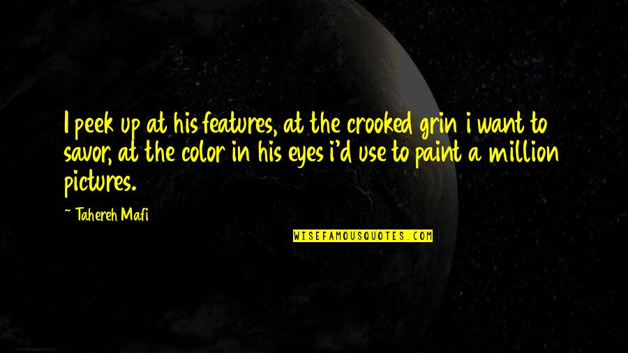 Bearskins Guards Quotes By Tahereh Mafi: I peek up at his features, at the Bearskins Guards Quotes By Tahereh Mafi: I peek up at his features, at the