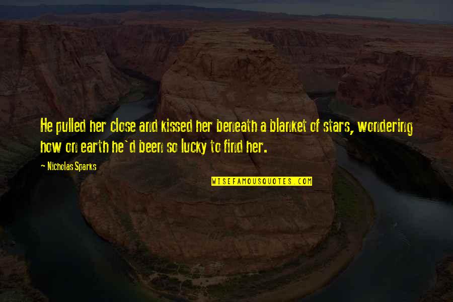 Beautiful Writing Quotes By Nicholas Sparks: He pulled her close and kissed her beneath Beautiful Writing Quotes By Nicholas Sparks: He pulled her close and kissed her beneath