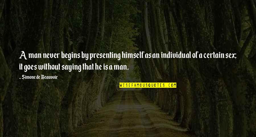 Beauvoir's Quotes By Simone De Beauvoir: A man never begins by presenting himself as