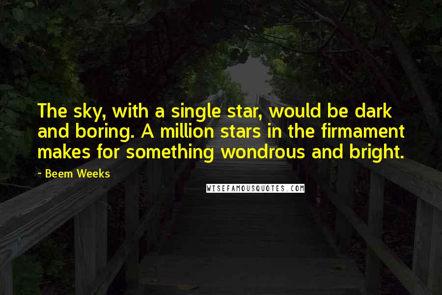 Beem Weeks quotes: The sky, with a single star, would be dark and boring. A million stars in the firmament makes for something wondrous and bright.
