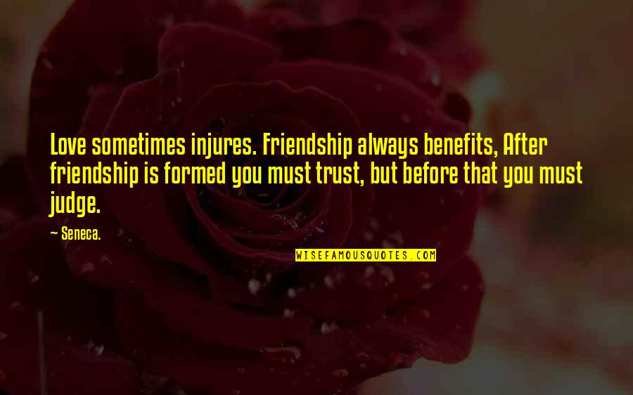 Before You Judge My Life Quotes By Seneca.: Love sometimes injures. Friendship always benefits, After friendship