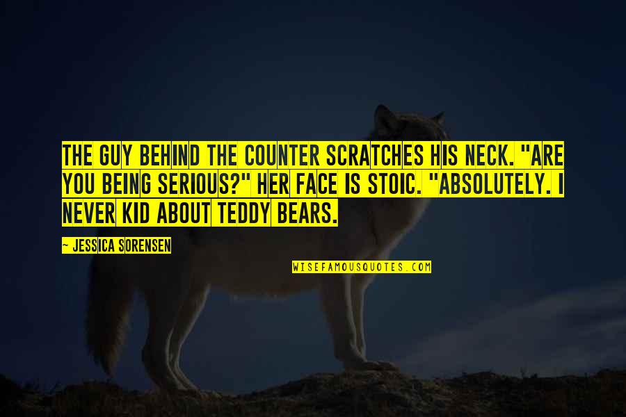 Behind My Face Quotes By Jessica Sorensen: The guy behind the counter scratches his neck.