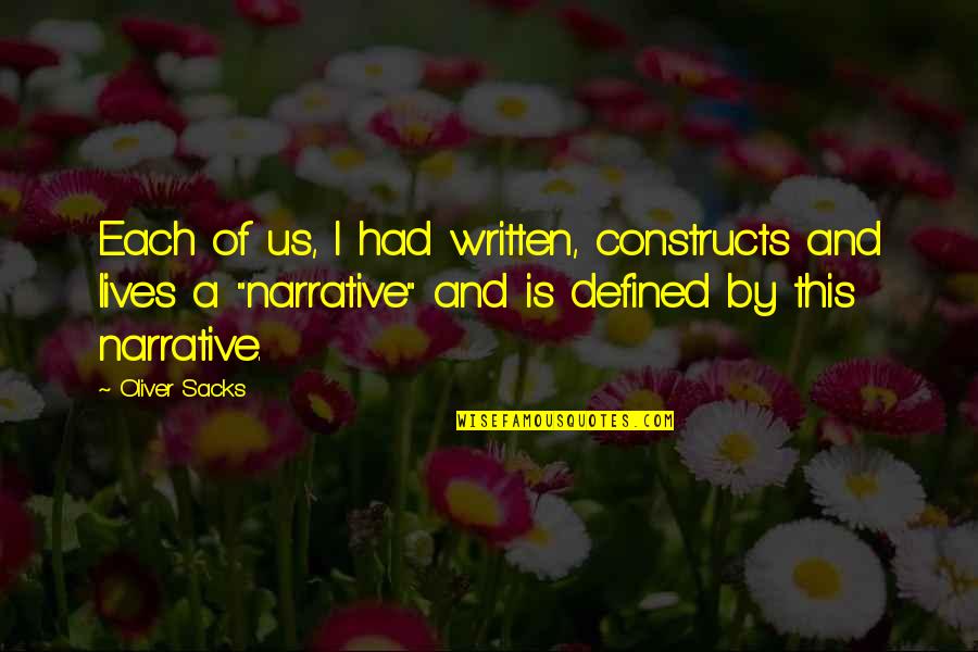 Being Happy Because Of Someone Quotes By Oliver Sacks: Each of us, I had written, constructs and