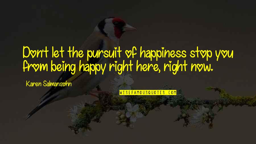 Being Happy Now Quotes By Karen Salmansohn: Don't let the pursuit of happiness stop you Being Happy Now Quotes By Karen Salmansohn: Don't let the pursuit of happiness stop you