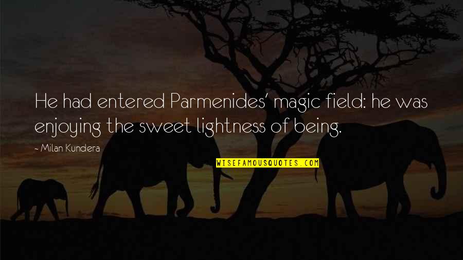 Being On The Field Quotes By Milan Kundera: He had entered Parmenides' magic field: he was