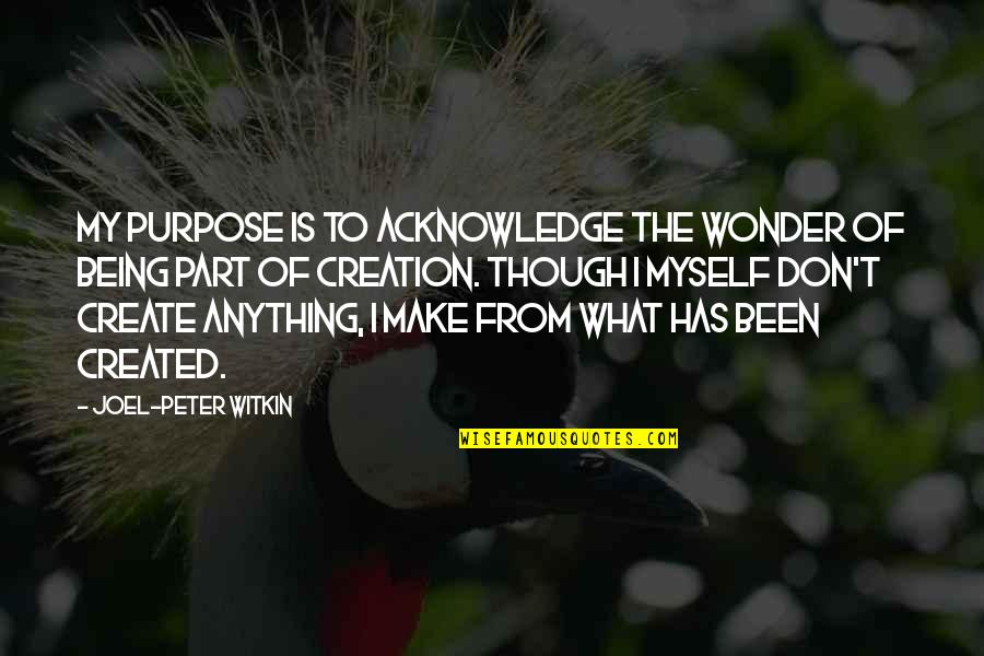 Being Part Quotes By Joel-Peter Witkin: My purpose is to acknowledge the wonder of Being Part Quotes By Joel-Peter Witkin: My purpose is to acknowledge the wonder of