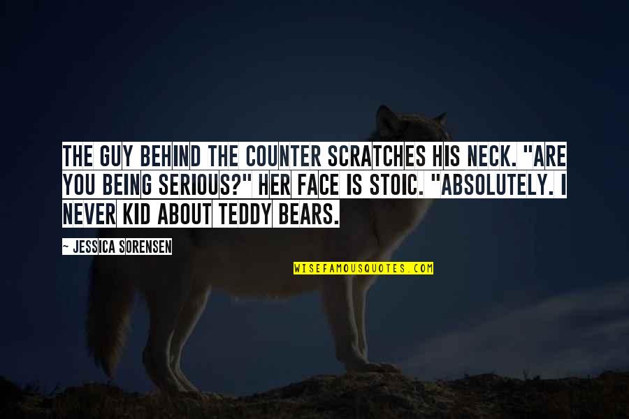 Being Stoic Quotes By Jessica Sorensen: The guy behind the counter scratches his neck.