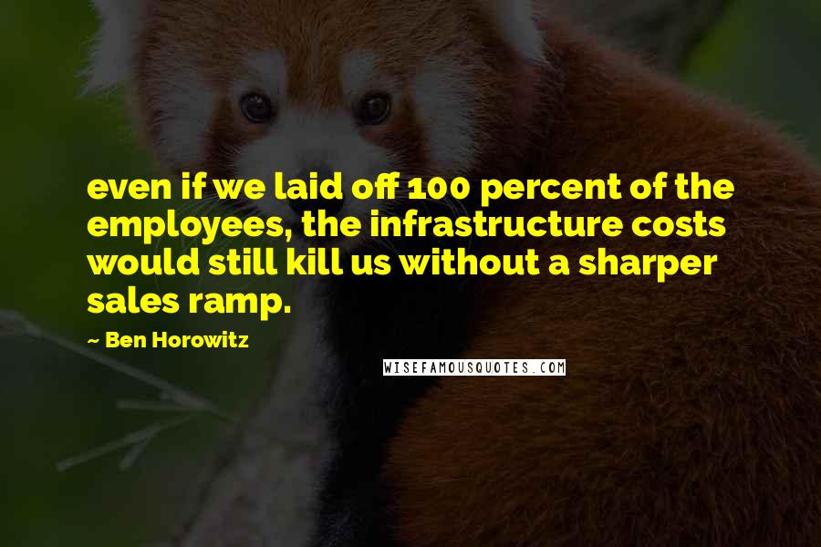 Ben Horowitz quotes: even if we laid off 100 percent of the employees, the infrastructure costs would still kill us without a sharper sales ramp. Ben Horowitz quotes: even if we laid off 100 percent of the employees, the infrastructure costs would still kill us without a sharper sales ramp.