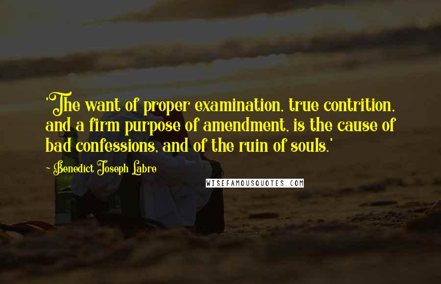 Benedict Joseph Labre quotes: 'The want of proper examination, true contrition, and a firm purpose of amendment, is the cause of bad confessions, and of the ruin of souls.'
