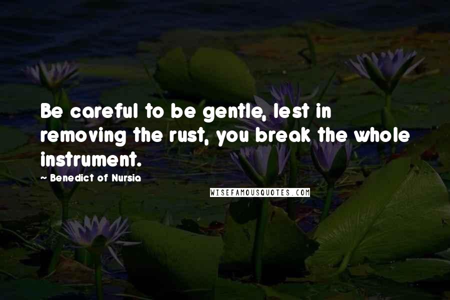 Benedict Of Nursia quotes: Be careful to be gentle, lest in removing the rust, you break the whole instrument.
