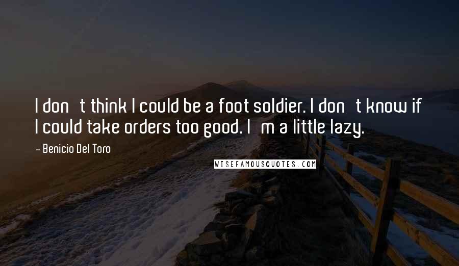 Benicio Del Toro quotes: I don't think I could be a foot soldier. I don't know if I could take orders too good. I'm a little lazy. Benicio Del Toro quotes: I don't think I could be a foot soldier. I don't know if I could take orders too good. I'm a little lazy.