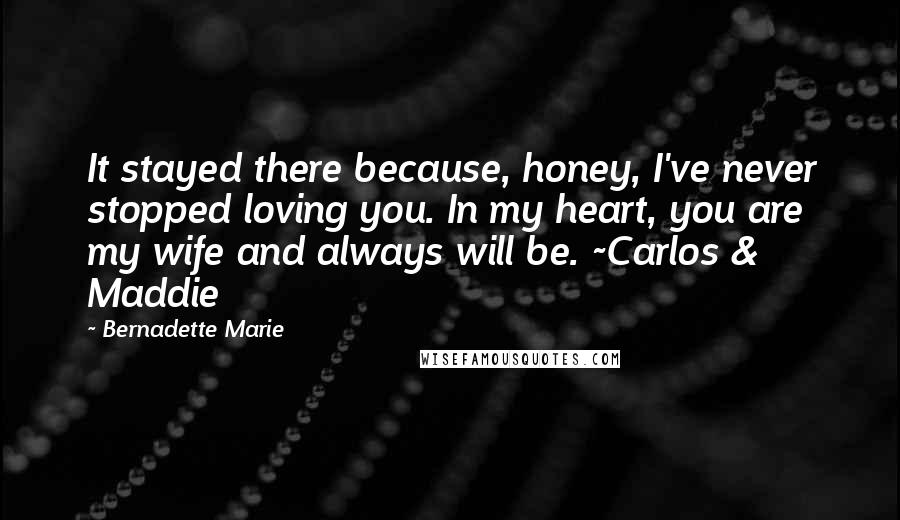 Bernadette Marie quotes: It stayed there because, honey, I've never stopped loving you. In my heart, you are my wife and always will be. ~Carlos & Maddie