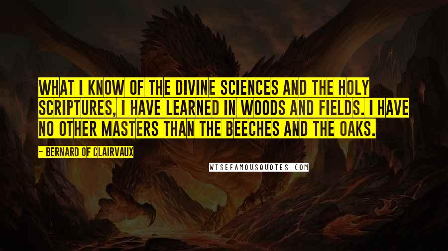 Bernard Of Clairvaux quotes: What I know of the divine sciences and the Holy Scriptures, I have learned in woods and fields. I have no other masters than the beeches and the oaks. Bernard Of Clairvaux quotes: What I know of the divine sciences and the Holy Scriptures, I have learned in woods and fields. I have no other masters than the beeches and the oaks.
