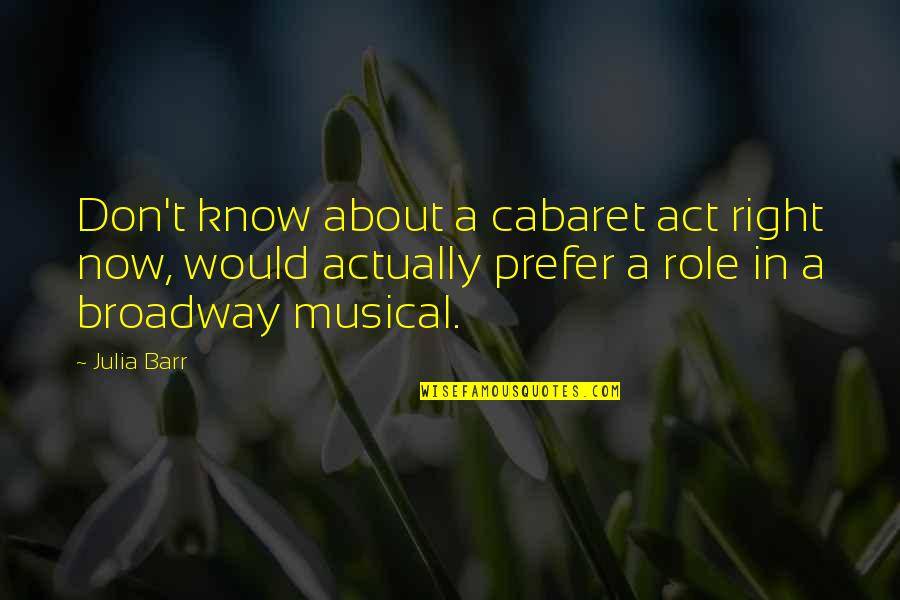Best Broadway Musical Quotes By Julia Barr: Don't know about a cabaret act right now, Best Broadway Musical Quotes By Julia Barr: Don't know about a cabaret act right now,