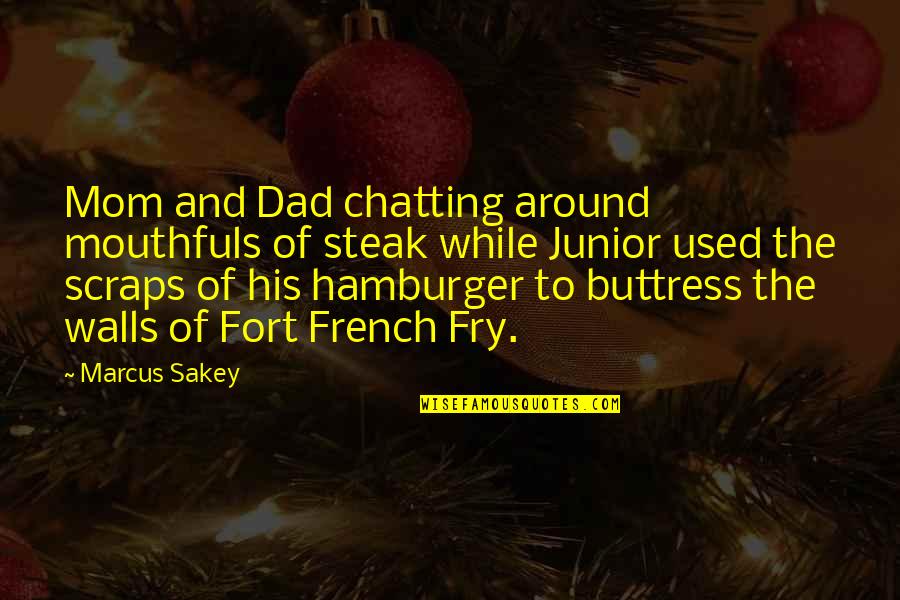 Best Chatting Quotes By Marcus Sakey: Mom and Dad chatting around mouthfuls of steak