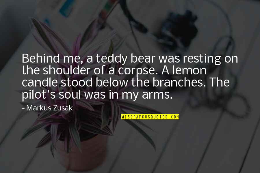 Best Corpse Quotes By Markus Zusak: Behind me, a teddy bear was resting on Best Corpse Quotes By Markus Zusak: Behind me, a teddy bear was resting on