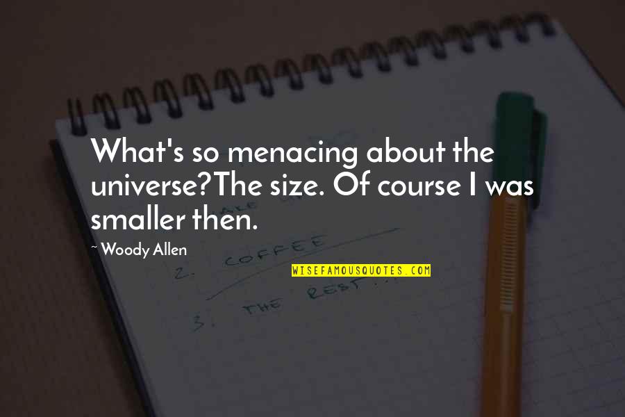 Best Friends And Drinking Quotes By Woody Allen: What's so menacing about the universe?The size. Of