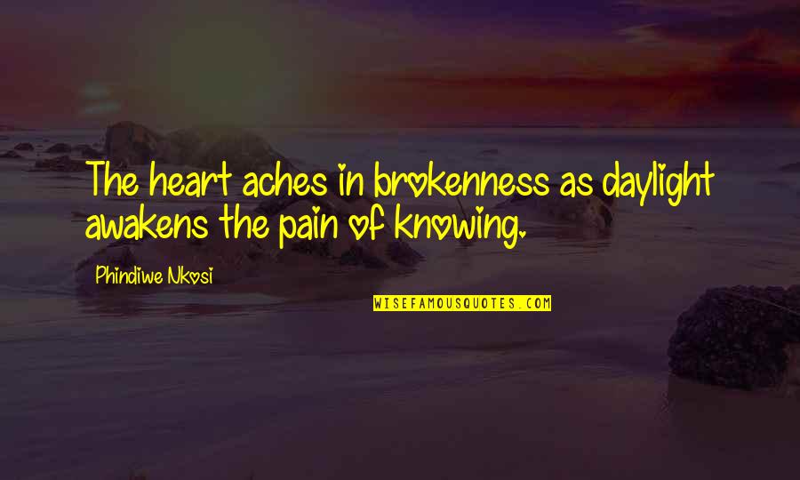 Best Heart Broken Quotes By Phindiwe Nkosi: The heart aches in brokenness as daylight awakens