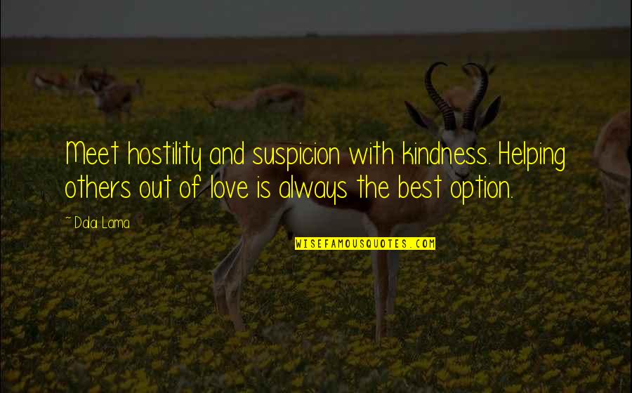 Best Helping Others Quotes By Dalai Lama: Meet hostility and suspicion with kindness. Helping others Best Helping Others Quotes By Dalai Lama: Meet hostility and suspicion with kindness. Helping others