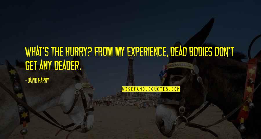 Best Thriller Quotes By David Harry: What's the hurry? From my experience, dead bodies Best Thriller Quotes By David Harry: What's the hurry? From my experience, dead bodies