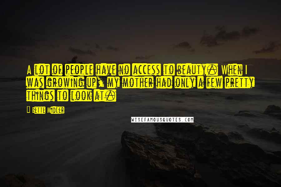 Bette Midler quotes: A lot of people have no access to beauty. When I was growing up, my mother had only a few pretty things to look at.