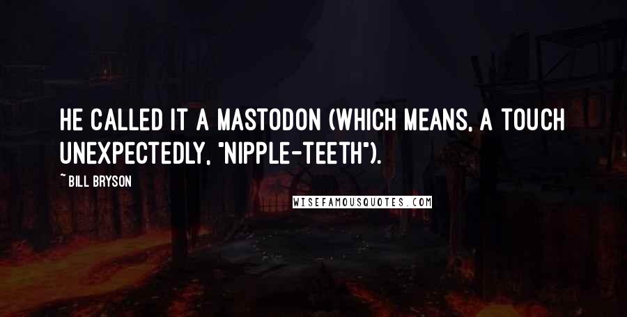 Bill Bryson quotes: He called it a mastodon (which means, a touch unexpectedly, "nipple-teeth").