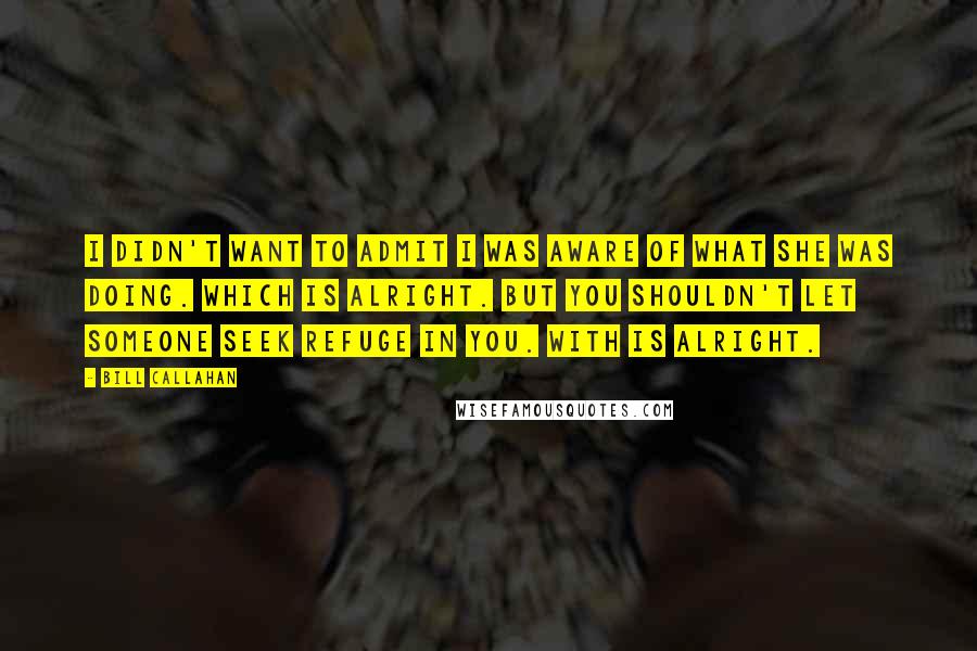 Bill Callahan quotes: I didn't want to admit I was aware of what she was doing. Which is alright. But you shouldn't let someone seek refuge in you. With is alright.