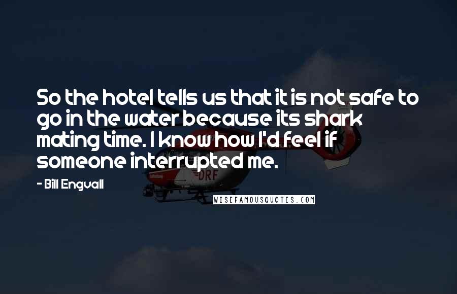 Bill Engvall quotes: So the hotel tells us that it is not safe to go in the water because its shark mating time. I know how I'd feel if someone interrupted me.