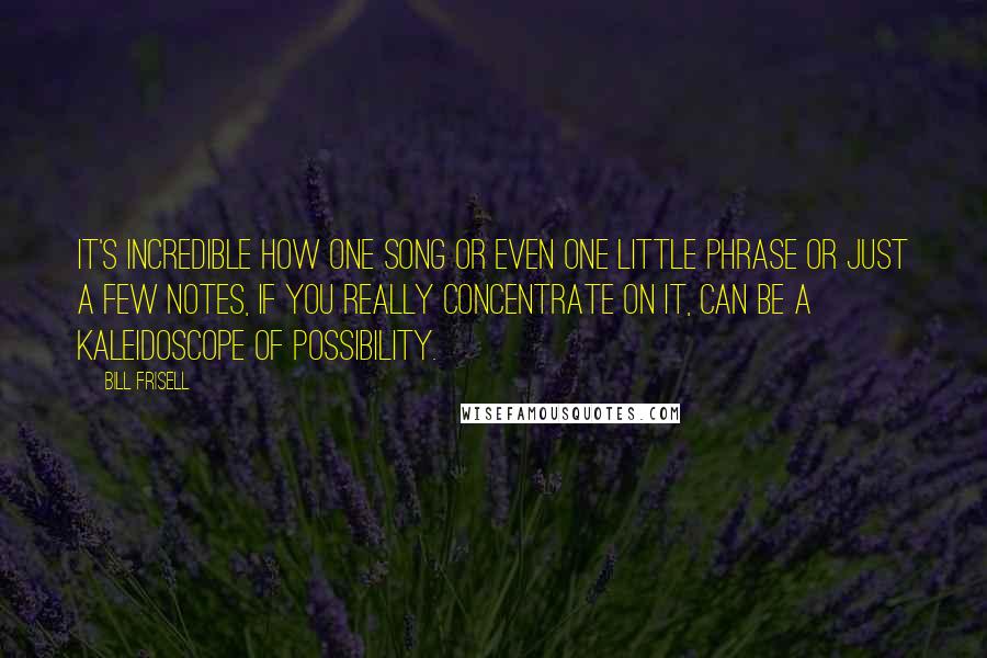 Bill Frisell quotes: It's incredible how one song or even one little phrase or just a few notes, if you really concentrate on it, can be a kaleidoscope of possibility.