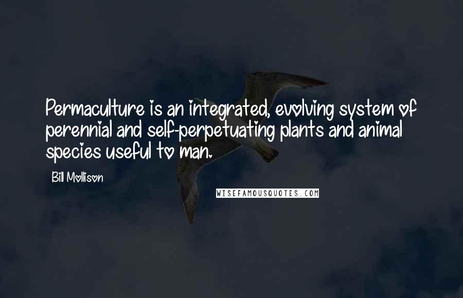 Bill Mollison quotes: Permaculture is an integrated, evolving system of perennial and self-perpetuating plants and animal species useful to man.