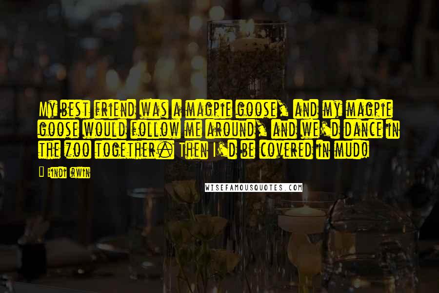 Bindi Irwin quotes: My best friend was a magpie goose, and my magpie goose would follow me around, and we'd dance in the zoo together. Then I'd be covered in mud!