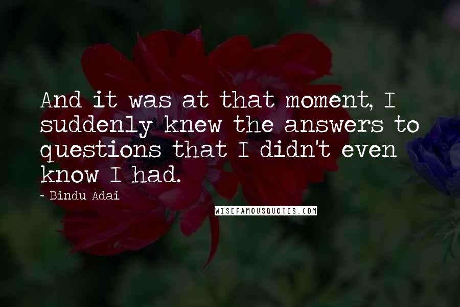 Bindu Adai quotes: And it was at that moment, I suddenly knew the answers to questions that I didn't even know I had.